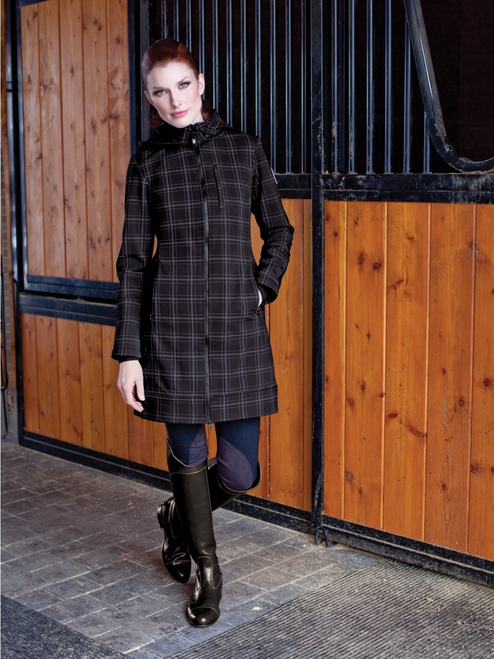 Noel Asmar Equestrian Brown Plaid Lined Hooded A Line Zip Sport Rider Jacket